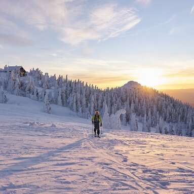 Ein Skitourengeher befindet sich auf dem winterlichen Großen Arber. In etwas Entfernung stehen das Gipfelkreuz sowie die Zwieseler Hütte. | © Bodenmais Tourismus & Marketing GmbH