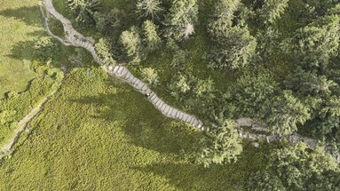 Aus der Vogelperspektive sieht man zwei Wanderer die auf einem schmalen Wanderweg mit Treppen durch Sträucher und Bäume gehen. | © Bodenmais Tourismus & Marketing GmbH