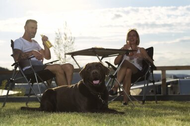 Ein Paar sitzt in ihren Campingstühlen mit etwas zu Trinken in der Hand. Vor ihnen liegt ein brauner Labrador im Gras. | © Bodenmais Tourismus & Marketing GmbH