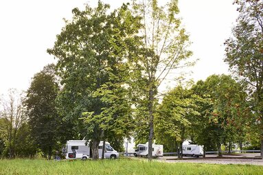 Am Stellplatz Kötztinger Straße stehen drei Wohnmobile zwischen großen Bäumen und neben einer grünen Wiese. | © Bodenmais Tourismus & Marketing GmbH