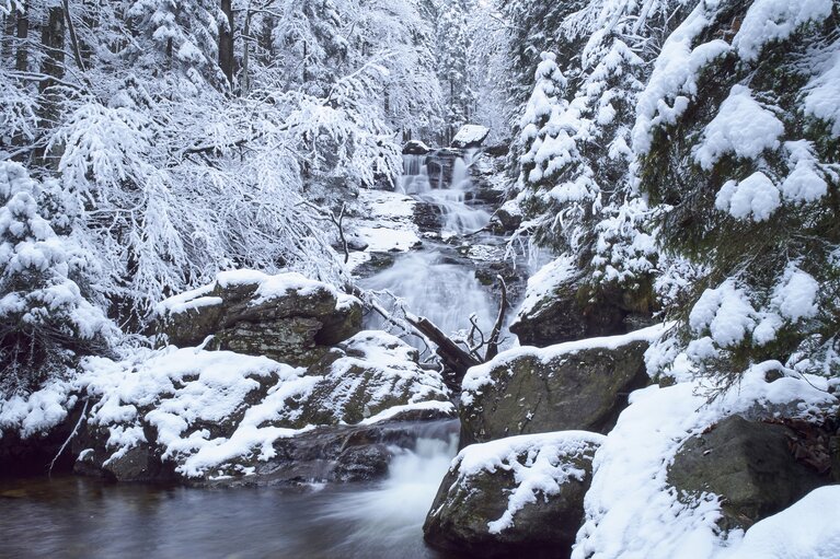 Ein Wasserfall im verschneiten Wald stürzt die Stufen hinunter. | © Bodenmais Tourismus & Marketing GmbH