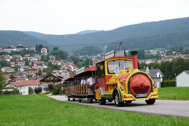 Eine rot-gelbe Bimmelbahn mit Bayernflagge fährt aus der Ortschaft Bodenmais raus. Neben dem Weg befindet sich eine Wiese. Im Hintergrund sieht man Bodenmais und die umliegenden Berge. | © Bodenmais Tourismus & Marketing GmbH