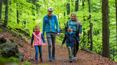 Eine Frau und ein Mann laufen zusammen mit zwei Kindern auf einem Weg durch den Wald | © Bodenmais Tourismus & Marketing GmbH