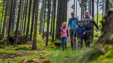 Eine Frau und ein Mann laufen zusammen mit zwei Kindern auf einem Weg durch den Wald. Das Mädchen hat ein Kinderbuch unter ihrem Arm. | © Bodenmais Tourismus & Marketing GmbH