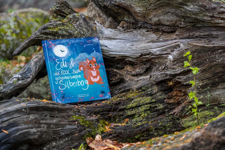 Das Bodenmaiser Kinderbuch "Edi und die Reise zum geheimnisvolle Reise zum Silberberg" steht auf einem mit moosbewachsenem,  alten Baumstamm. | © Bodenmais Tourismus & Marketing GmbH