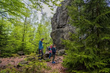 Ein Mann steht mit zwei Kindern am Riederinfelsen im Wald. Die Kinder haben je ein Kinderbuch in den Händen | © Bodenmais Tourismus & Marketing GmbH