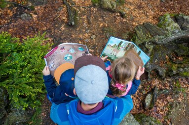 Aus der Vogelperspektive sieht man einen Mann, auf dessen Schoß zwei Kinder sitzen und die zusammen ein Kinderbuch lesen. | © Bodenmais Tourismus & Marketing GmbH