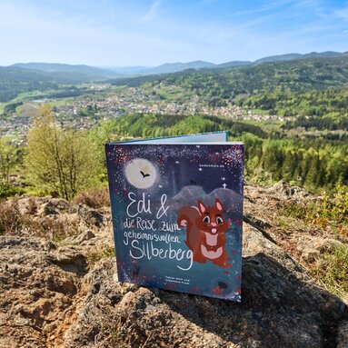 Das Kinderbuch "Edi und die Reise zum geheimnisvollen Silberberg" steht auf einem Fels. Dahinter liegt Bodenmais im Tal | © Bodenmais Tourismus & Marketing GmbH