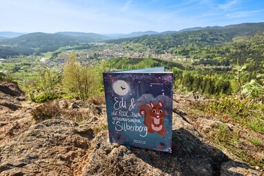 Das Kinderbuch "Edi und die Reise zum geheimnisvollen Silberberg" steht auf einem Fels. Dahinter liegt Bodenmais im Tal | © Bodenmais Tourismus & Marketing GmbH