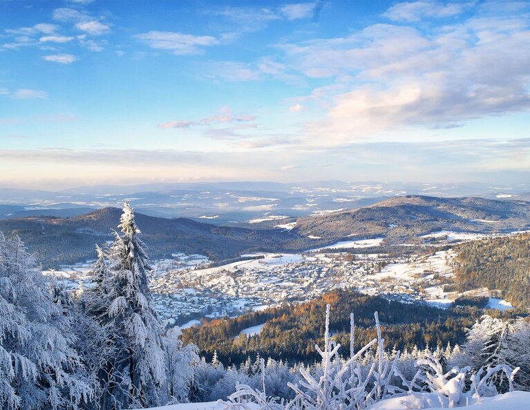 Durch verschneite Baumwipfel hindurch ist das verschneite Bodenmais zu erkennen.  | © Bodenmais Tourismus & Marketing GmbH