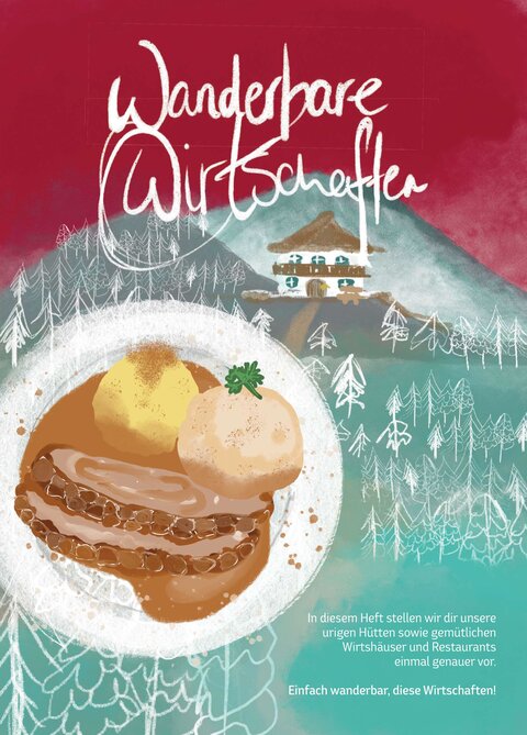 Auf dem Cover der Broschüre für Einkehrmöglichkeiten ist ein bayerisches Gericht sowie ein Wirtshaus illustriert. | © Bodenmais Tourismus & Marketing GmbH