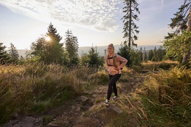 Eine blonde Frau, sportlich gekleidet, wandert auf einem Weg durch Sträucher. Durch vereinzelt stehende Bäume strahlt die tiefstehende Sonne. | © Bodenmais Tourismus & Marketing GmbH