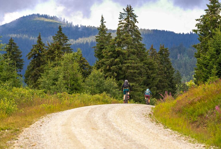 Zwei Radfahrer fahren über einen Schotterweg einen Berg hinab. Im Hintergrund thront ein Berg des Bayerischen Waldes. | © Bodenmais Tourismus & Marketing GmbH