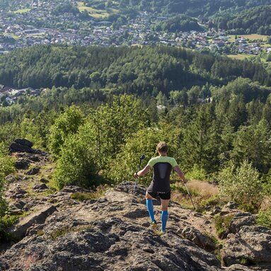 Ein Trailrunner rennt mit Stecken einen Berg hinab | © Bodenmais Tourismus & Marketing GmbH