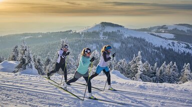 Drei Langläuferinnen fahren auf klassische Weise auf einer Loipe. Alles ist mit Schnee bedeckt und die untergehende Sonne färbt den Himmel orange. | © Bodenmais Tourismus & Marketing GmbH