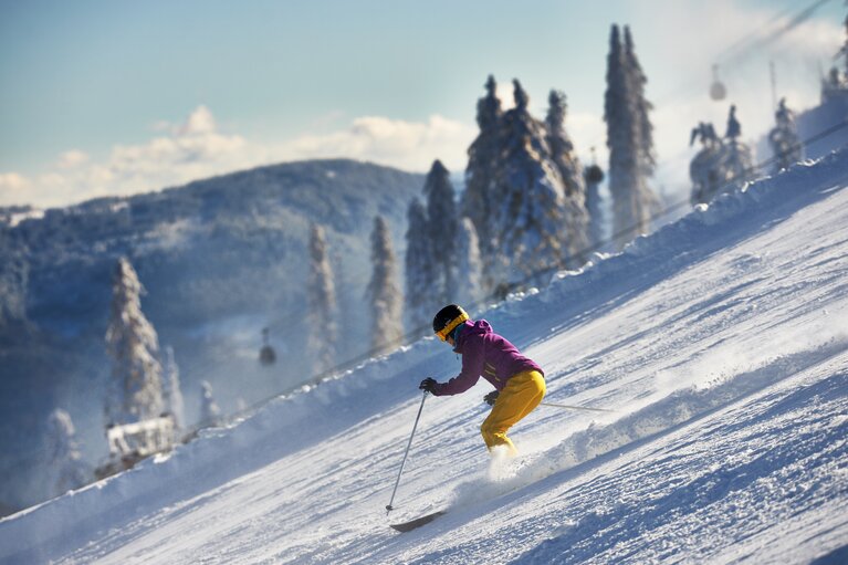 Eine Skifahrerin  fährt die Piste hinunter. | © Bodenmais Tourismus & Marketing GmbH