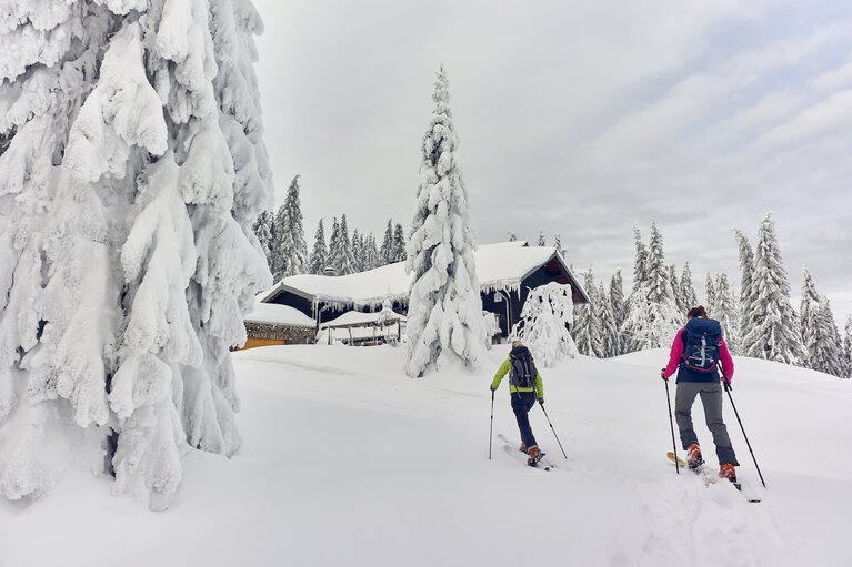 Zwei Skitourengeher laufen zu einer komplett eingeschneiten Berghütte. | © Bodenmais Tourismus & Marketing GmbH