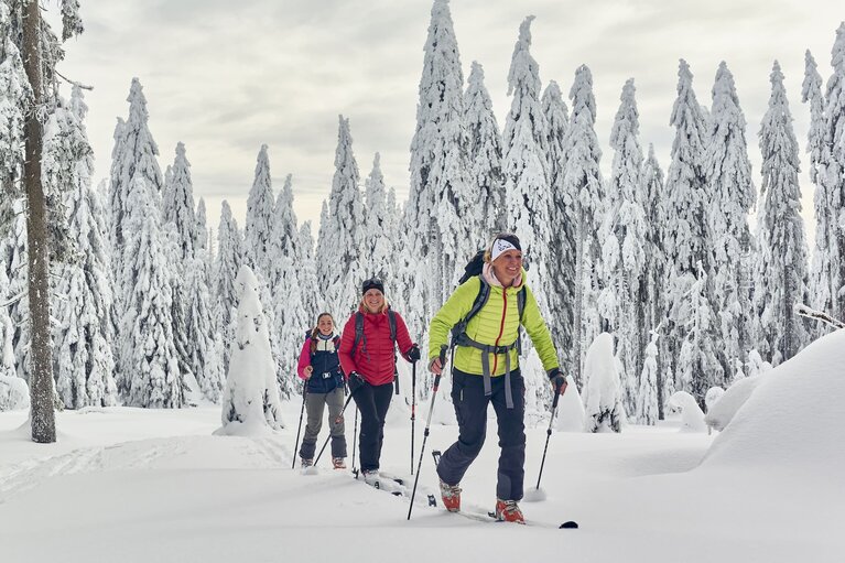 Drei Frauen laufen auf ihrem Tourenski durch eine prächtig weiße Winterlandschaft | © Bodenmais Tourismus & Marketing GmbH