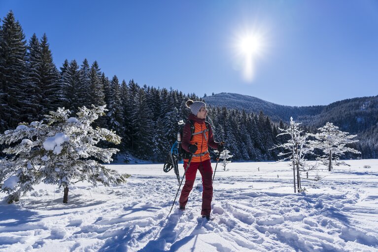 Eine Frau wandert am Kleinen Arbersee bei bestem Wetter durch den Schnee. | © Bodenmais Tourismus & Marketing GmbH