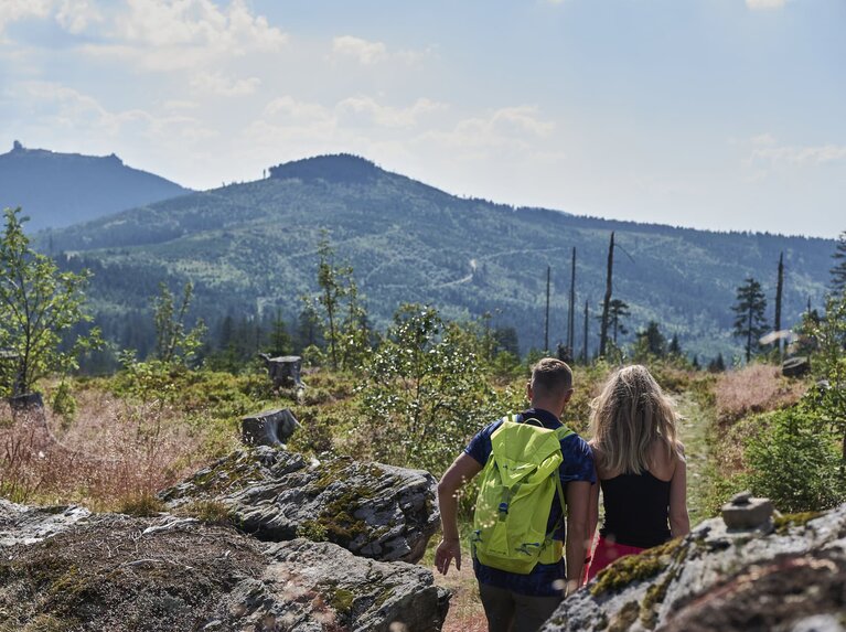 Ein Paar wandert an einem sonnigen Tag über eine Lichtung am Berg. Mit dem Rücken stehen sie zu Felsen und blicken Richtung Berggipfel des Bayerischen Waldes. | © Bodenmais Tourismus & Marketing GmbH