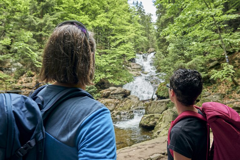 Zwei Wanderer schauen zum Wasserfall hinauf. | © Bodenmais Tourismus & Marketing GmbH