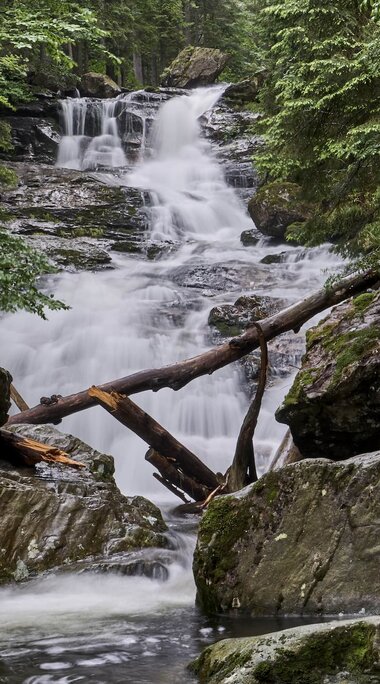Ein Wasserfall fließt über Steine von Bäumen umrahmt den Berg hinab. | © Bodenmais Tourismus & Marketing GmbH